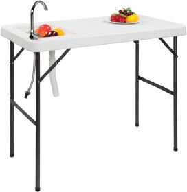 Portable Folding Fish Cleaning Table with Sink 45 Inch HDPE Outdoor Cutting Station with Faucet Drain Hose and Storage Shelf for Camping Fishing and F