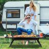 Portable 23" stainless steel charcoal grill, foldable and compact for outdoor BBQ, camping, picnics, and parties. Ideal for 3-5 people.